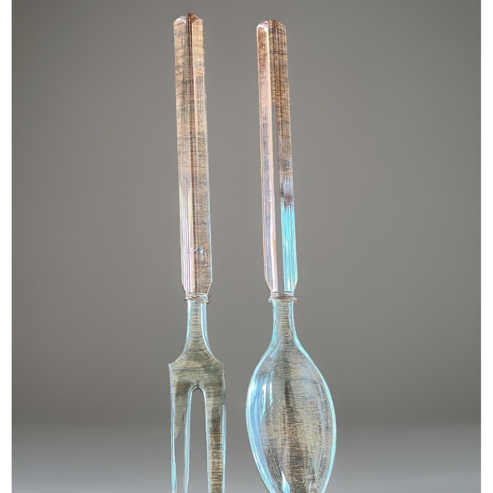 Vintage Pink Glass Salad Serving Fork Spoon Set Ribbed Handles Art Deco Style